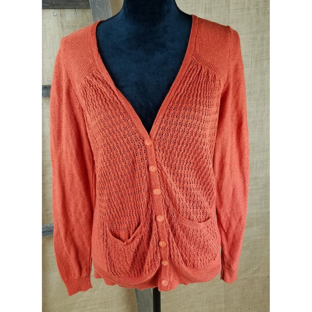 Sparrow‎ Anthropologie Cardigan Sweater Women S Orange Linen Blend Open Knit